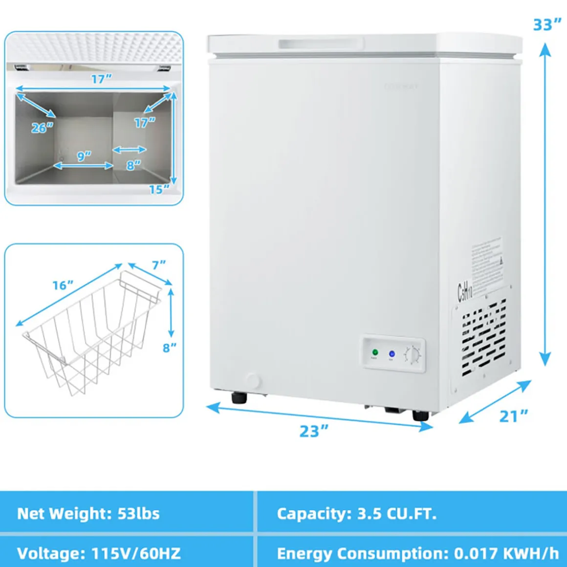Compact Chest Freezer with Removable Storage Basket