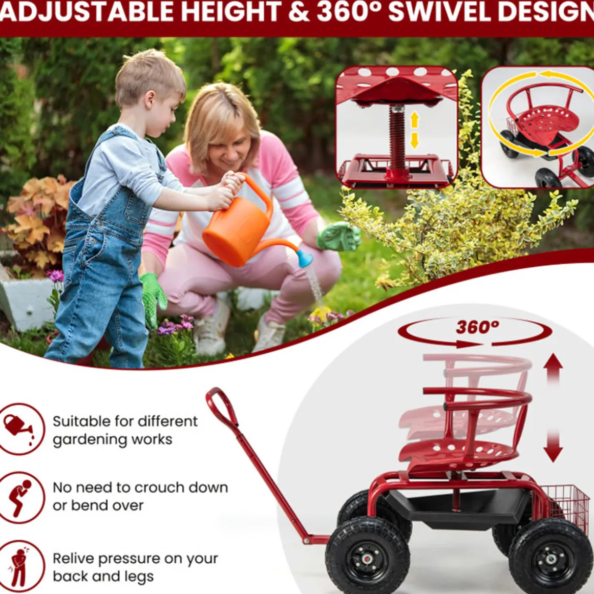 Cushioned Rolling Garden Cart with Swivel Seat