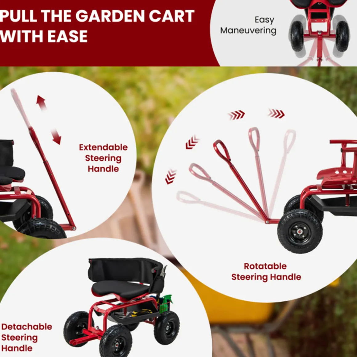 Cushioned Rolling Garden Cart with Swivel Seat