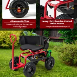 Cushioned Rolling Garden Cart with Swivel Seat