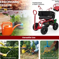 Cushioned Rolling Garden Cart with Swivel Seat