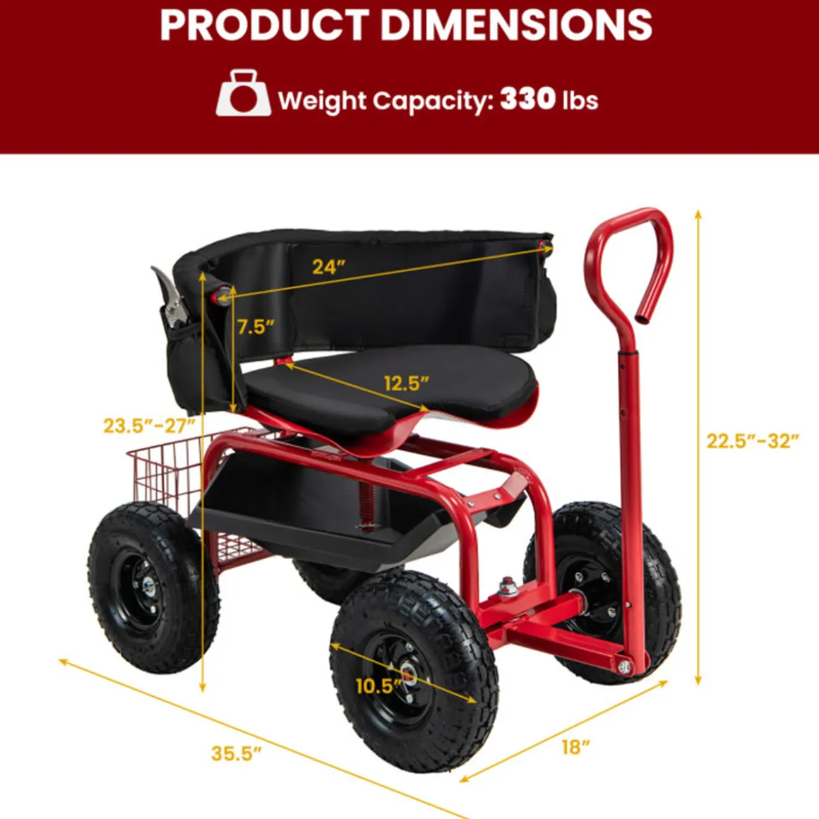 Cushioned Rolling Garden Cart with Swivel Seat