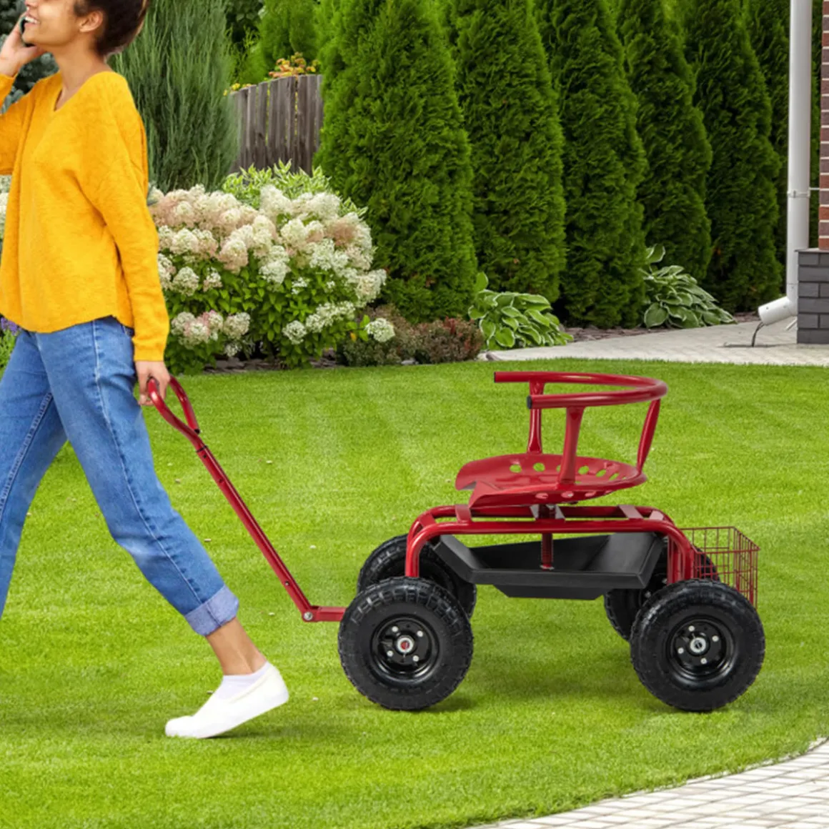 Cushioned Rolling Garden Cart with Swivel Seat