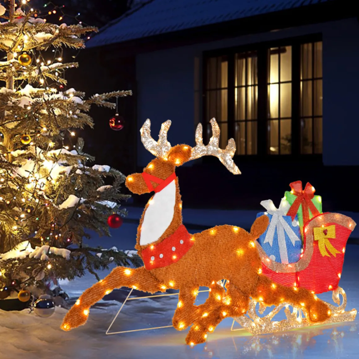 2D Pre-Lit Christmas Reindeer and Sleigh Decoration