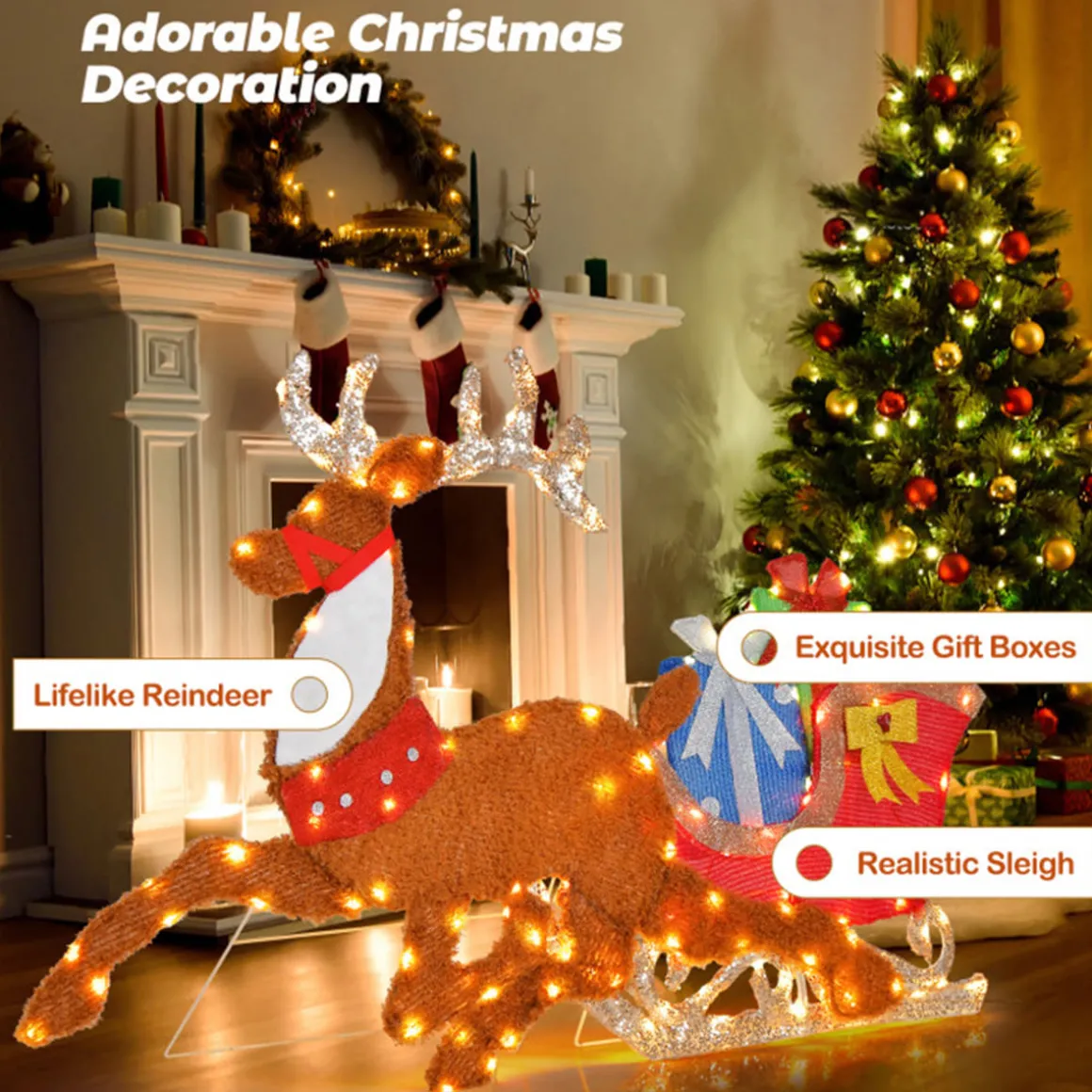 2D Pre-Lit Christmas Reindeer and Sleigh Decoration
