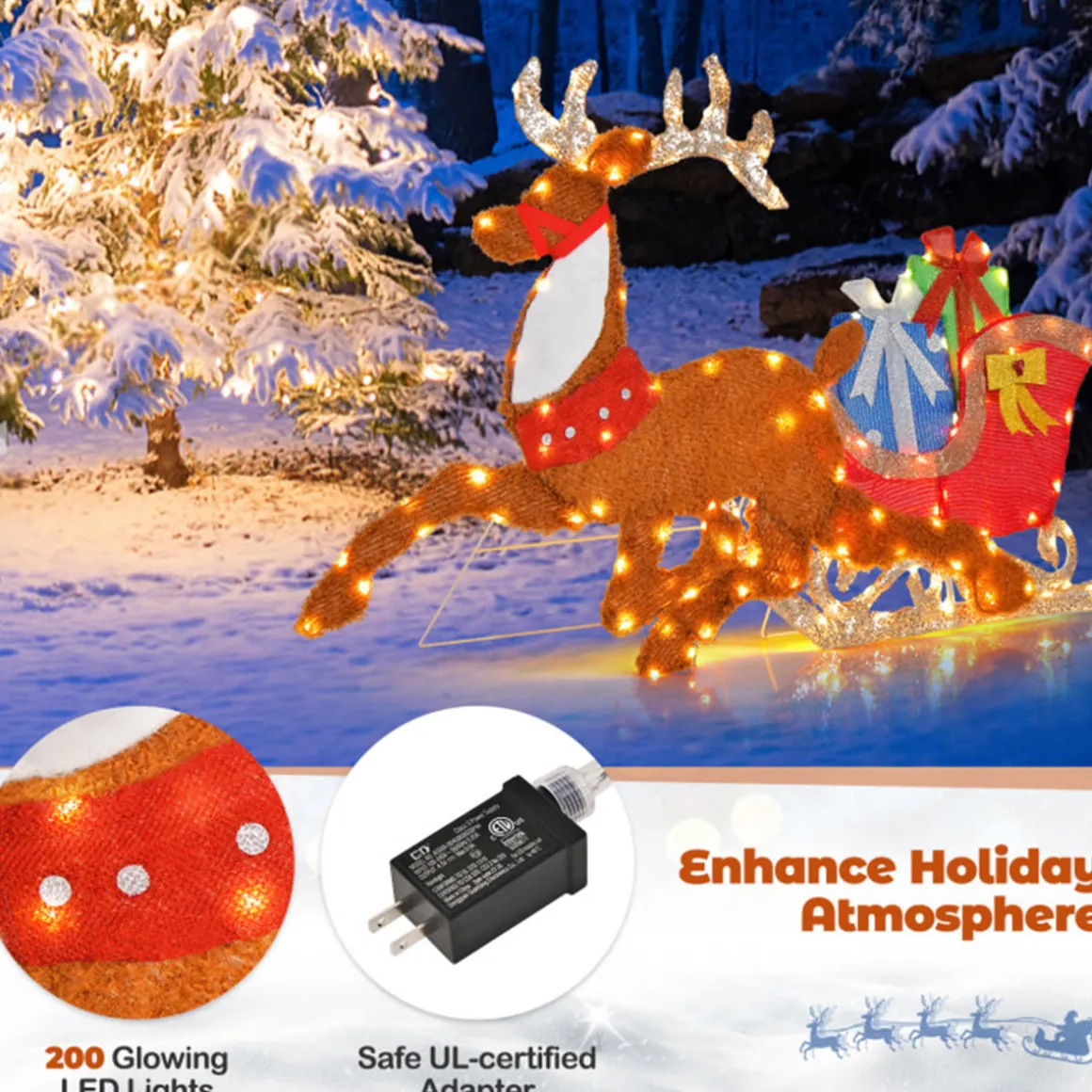 2D Pre-Lit Christmas Reindeer and Sleigh Decoration