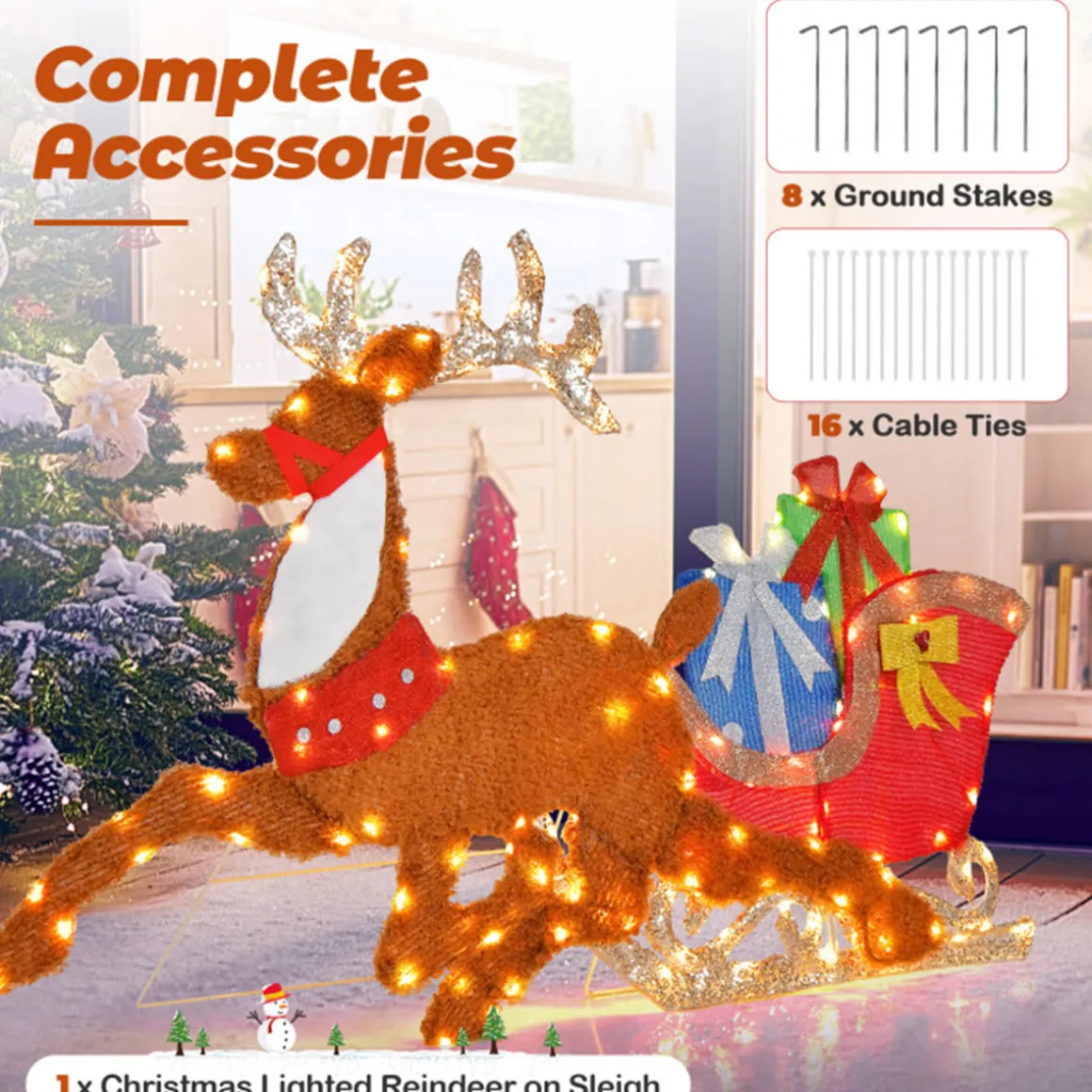 2D Pre-Lit Christmas Reindeer and Sleigh Decoration