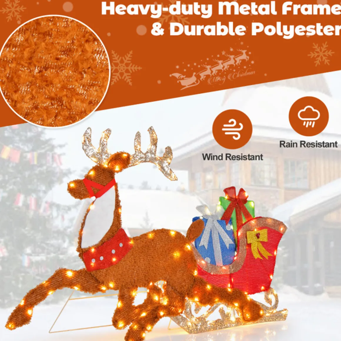 2D Pre-Lit Christmas Reindeer and Sleigh Decoration