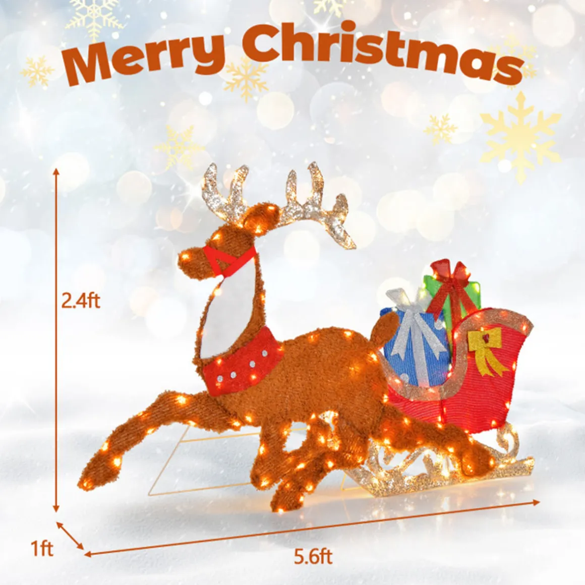 2D Pre-Lit Christmas Reindeer and Sleigh Decoration