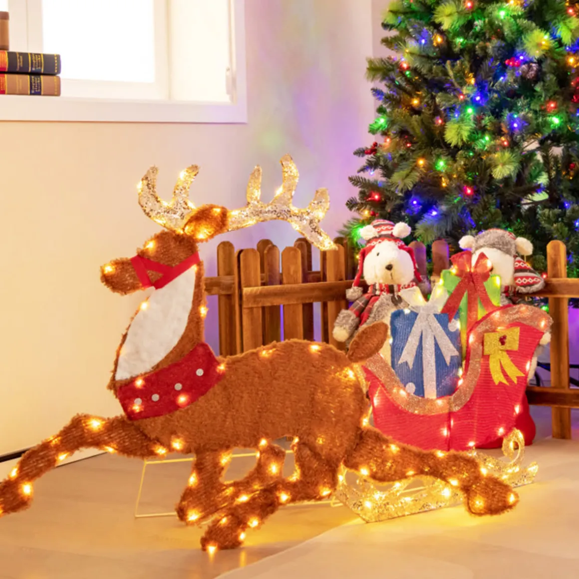 2D Pre-Lit Christmas Reindeer and Sleigh Decoration