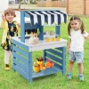 Double-Sided Wooden Play Kitchen and Grocery Stand