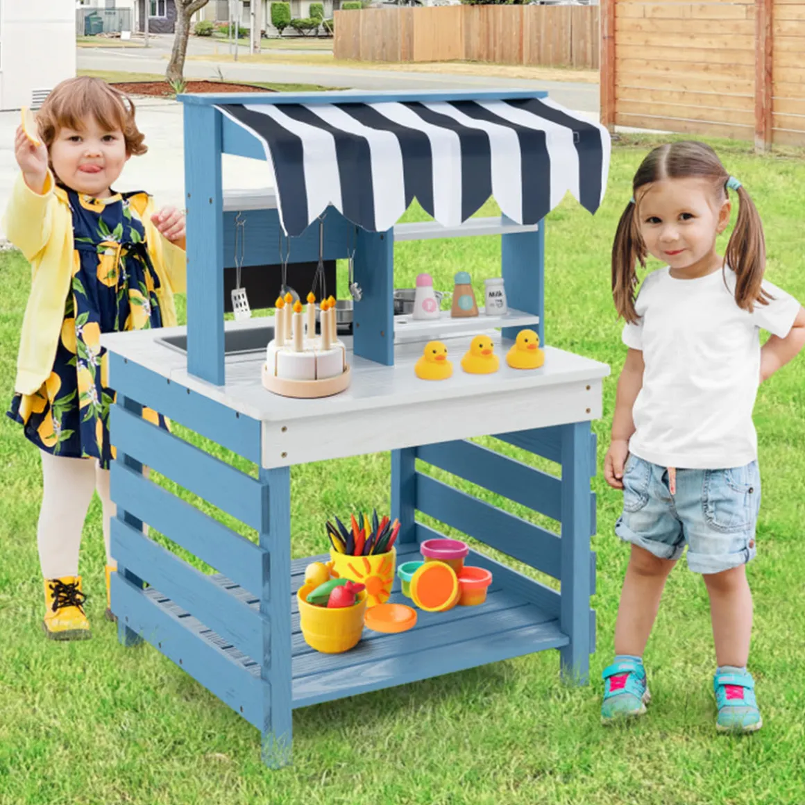 Double-Sided Wooden Play Kitchen and Grocery Stand