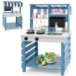 Double-Sided Wooden Play Kitchen and Grocery Stand