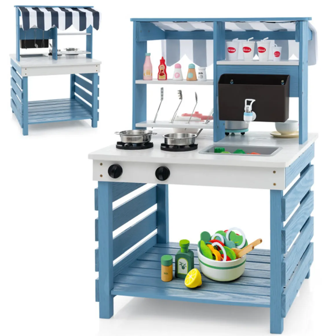 Double-Sided Wooden Play Kitchen and Grocery Stand