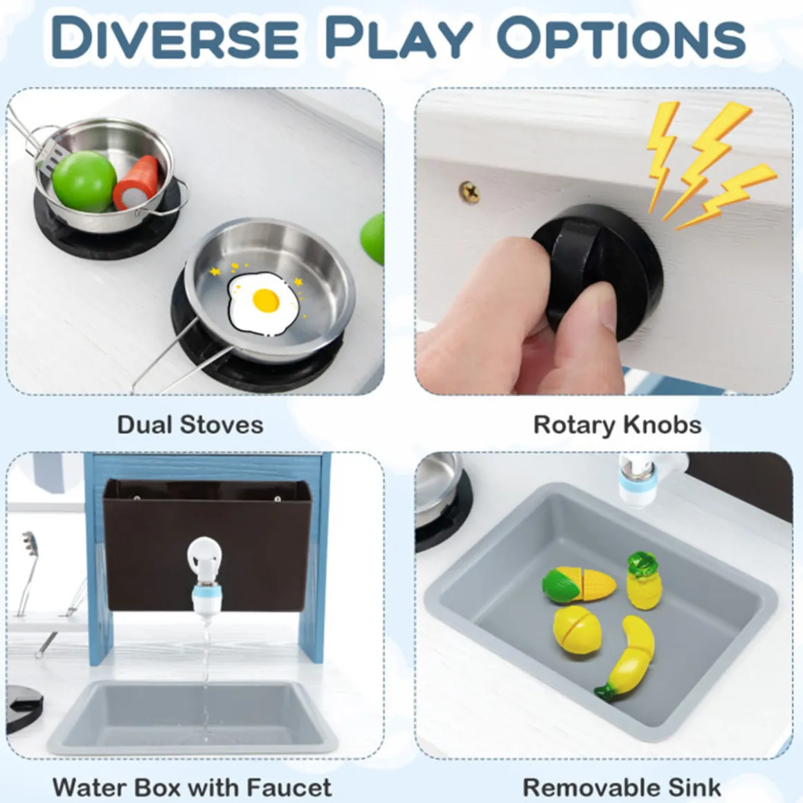 Double-Sided Wooden Play Kitchen and Grocery Stand