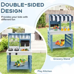 Double-Sided Wooden Play Kitchen and Grocery Stand