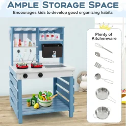 Double-Sided Wooden Play Kitchen and Grocery Stand