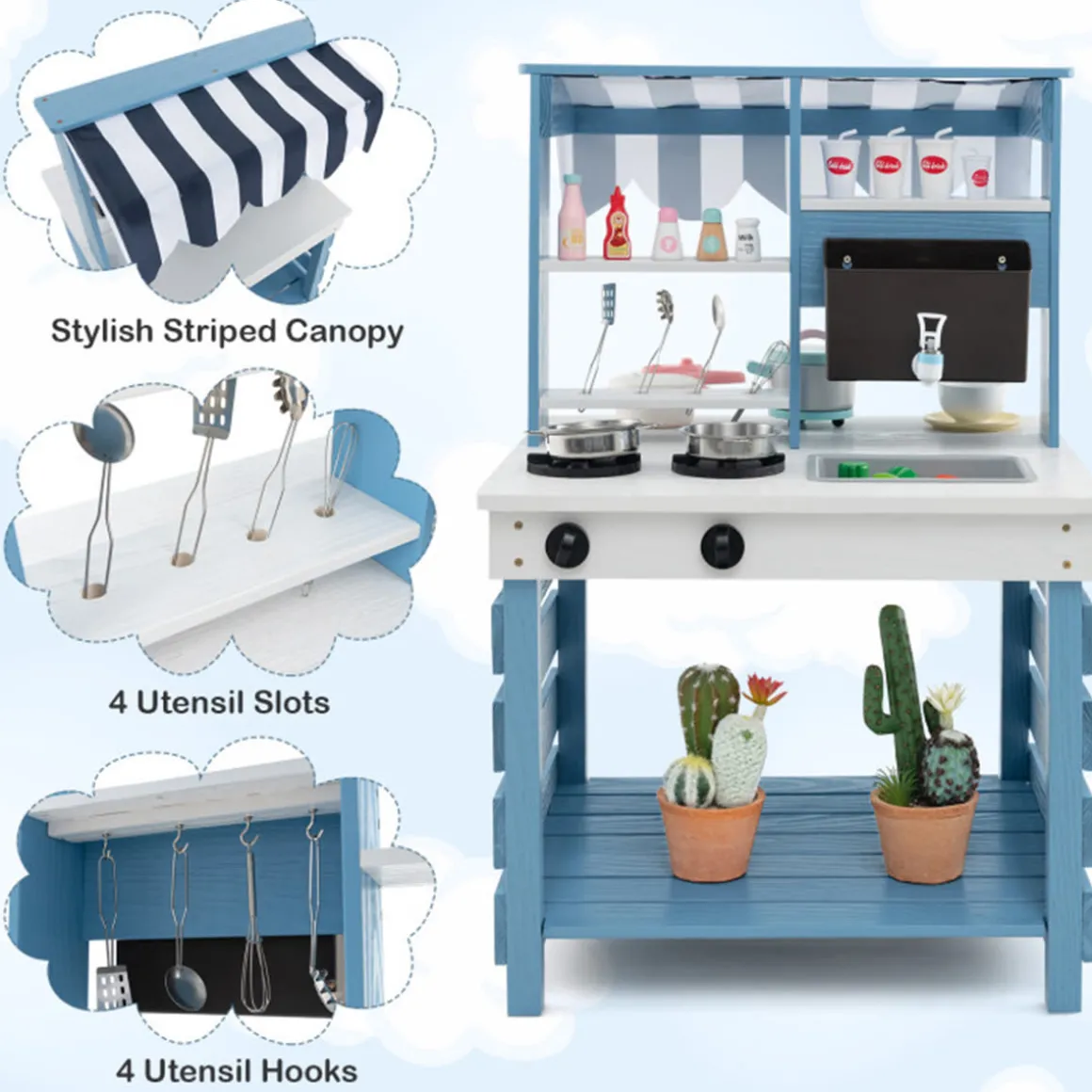 Double-Sided Wooden Play Kitchen and Grocery Stand