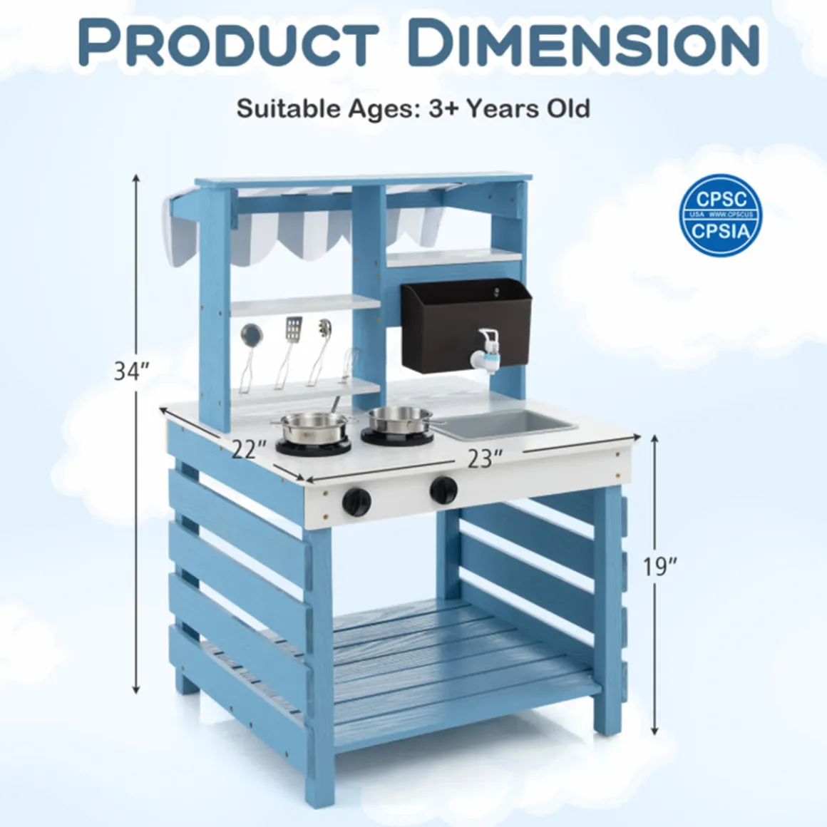 Double-Sided Wooden Play Kitchen and Grocery Stand