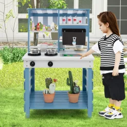 Double-Sided Wooden Play Kitchen and Grocery Stand