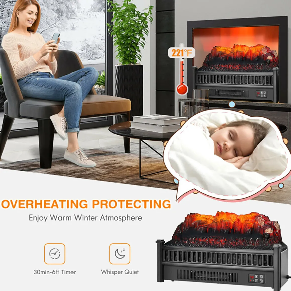 Electric Fireplace Log Set Heater