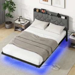 Floating LED Bed Frame with Charging Station