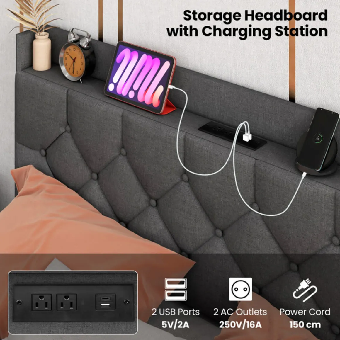 Floating LED Bed Frame with Charging Station