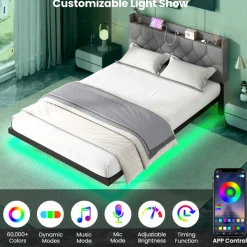 Floating LED Bed Frame with Charging Station