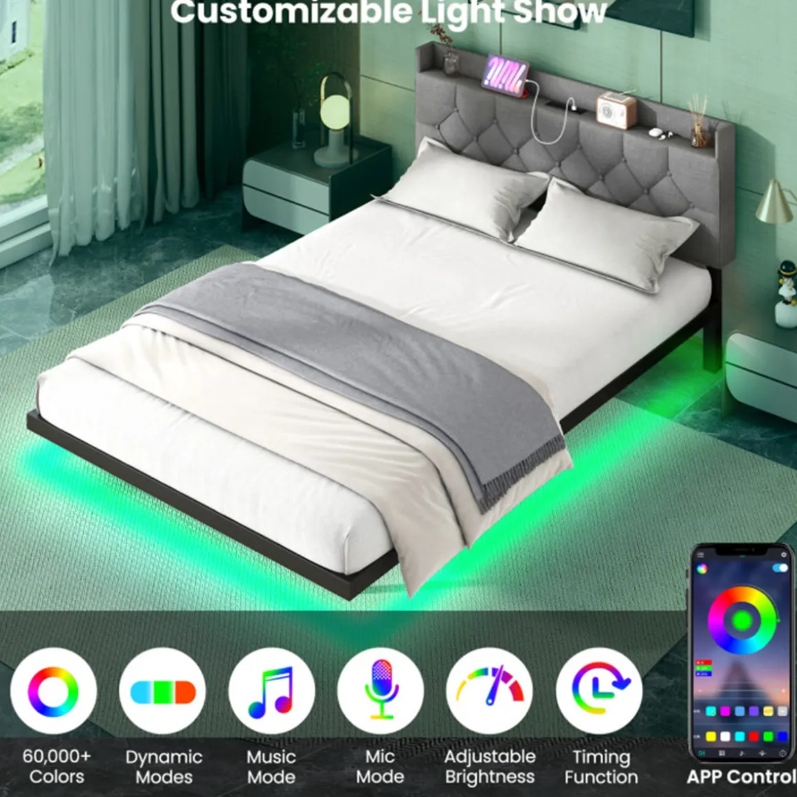 Floating LED Bed Frame with Charging Station