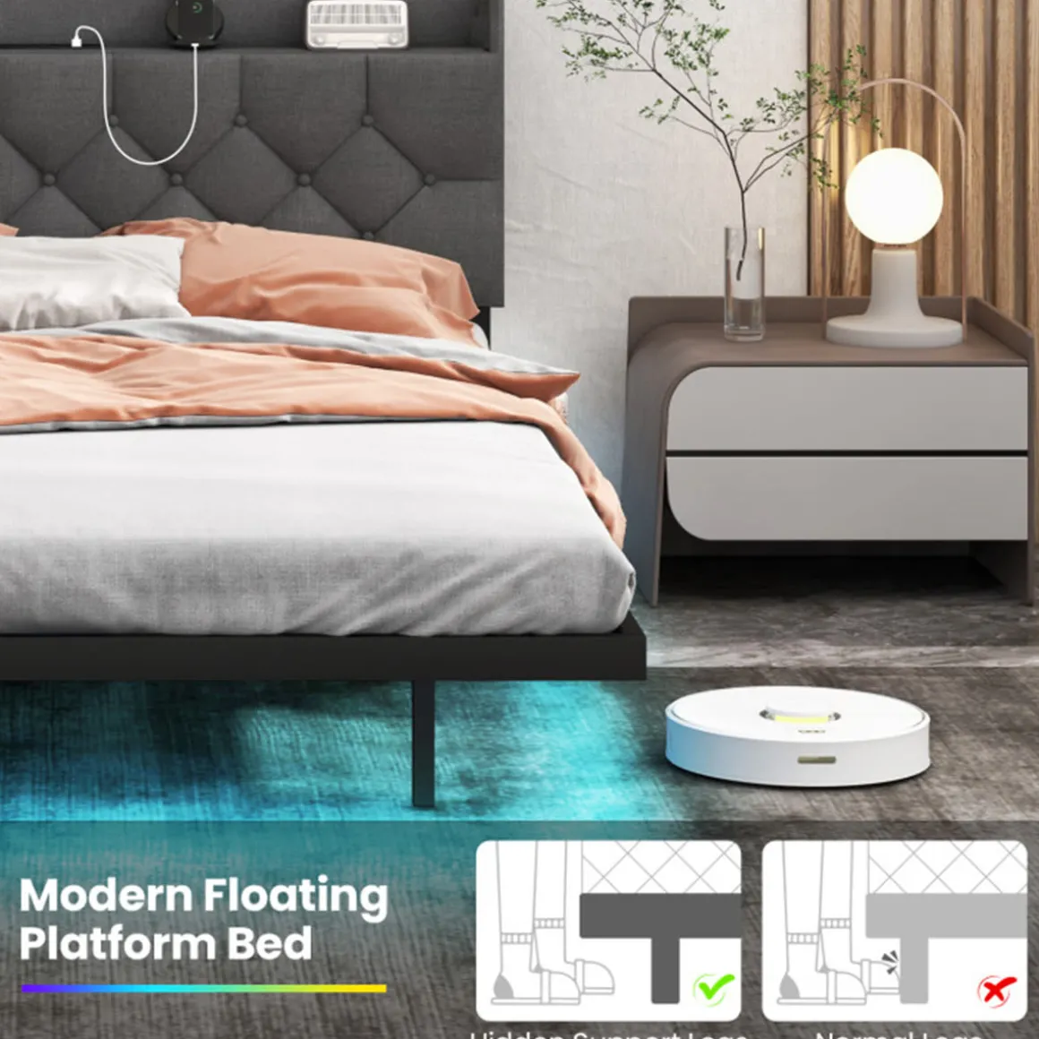 Floating LED Bed Frame with Charging Station