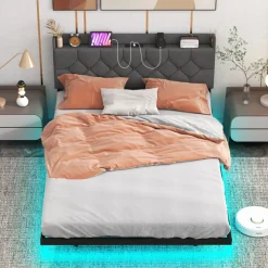 Floating LED Bed Frame with Charging Station