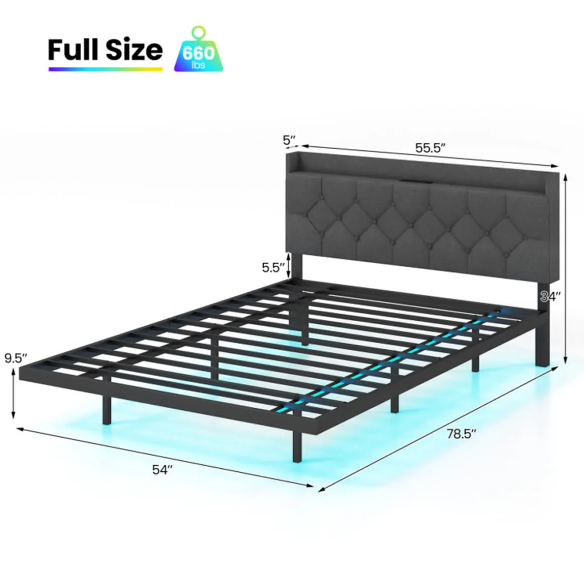 Floating LED Bed Frame with Charging Station