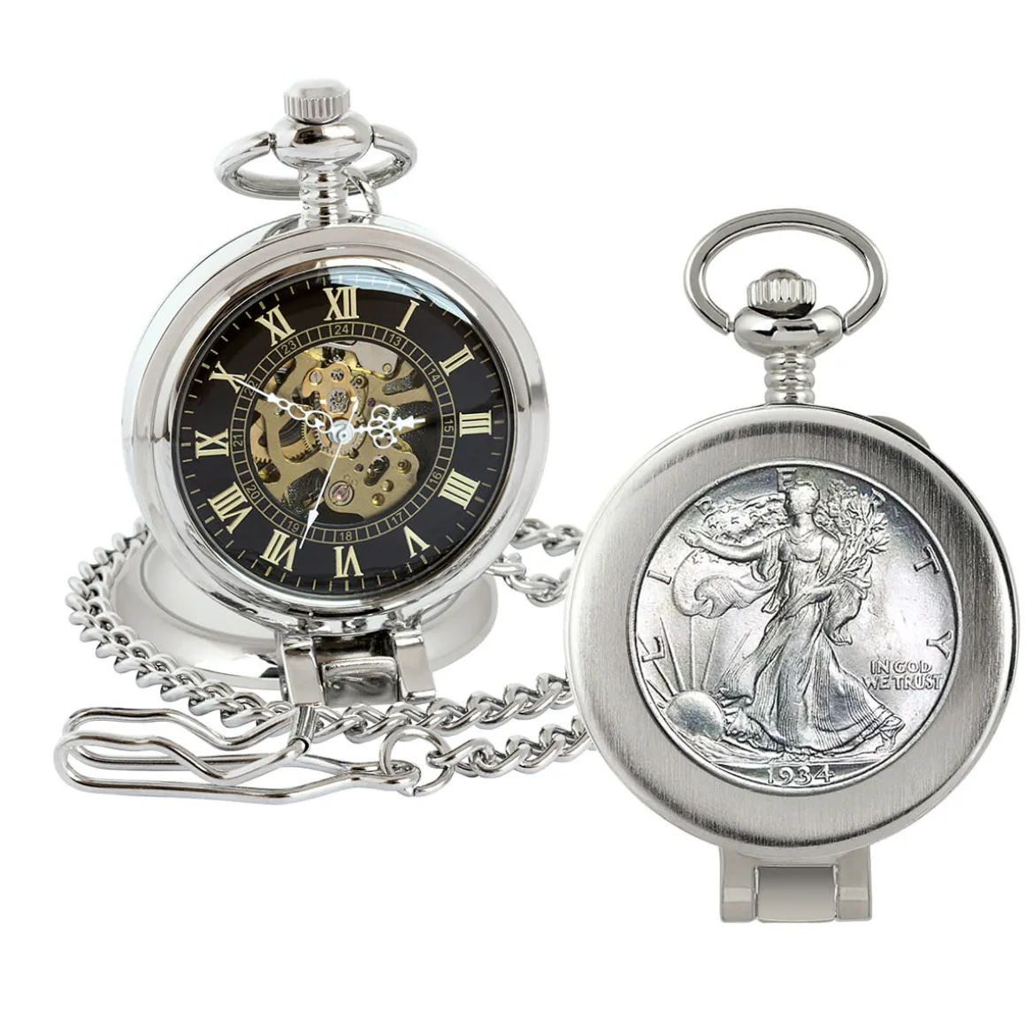 Glass Dome Silver Walking Liberty Half Dollar Pocket Watch