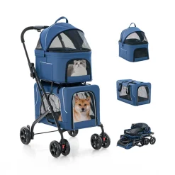 3-in-1 Foldable Double Pet Stroller with Detachable Carriers