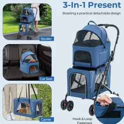 3-in-1 Foldable Double Pet Stroller with Detachable Carriers