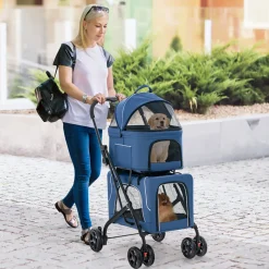 3-in-1 Foldable Double Pet Stroller with Detachable Carriers