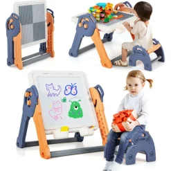 6-in-1 Folding Kids Art Easel with Building Block Tabletop