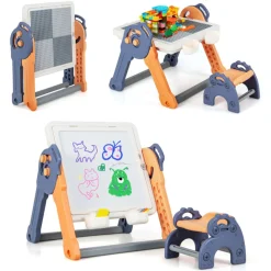 6-in-1 Folding Kids Art Easel with Building Block Tabletop