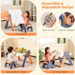 6-in-1 Folding Kids Art Easel with Building Block Tabletop