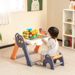 6-in-1 Folding Kids Art Easel with Building Block Tabletop