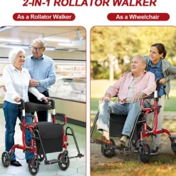 2-in-1 Folding Rollator Walker Transport Wheelchair
