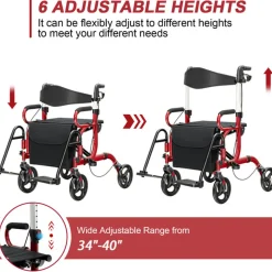 2-in-1 Folding Rollator Walker Transport Wheelchair