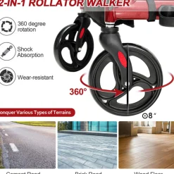 2-in-1 Folding Rollator Walker Transport Wheelchair