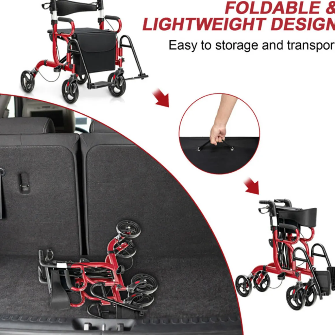 2-in-1 Folding Rollator Walker Transport Wheelchair