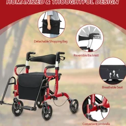 2-in-1 Folding Rollator Walker Transport Wheelchair