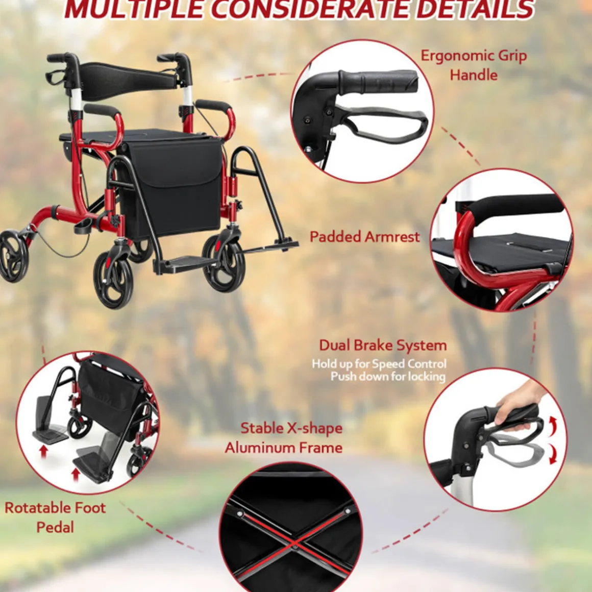 2-in-1 Folding Rollator Walker Transport Wheelchair