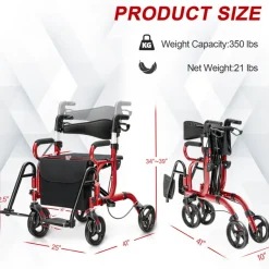 2-in-1 Folding Rollator Walker Transport Wheelchair