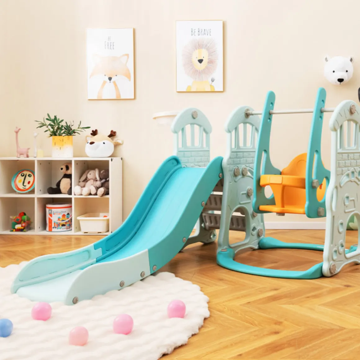 3-in-1 Toddler Slide and Swing Set with Basketball Hoop