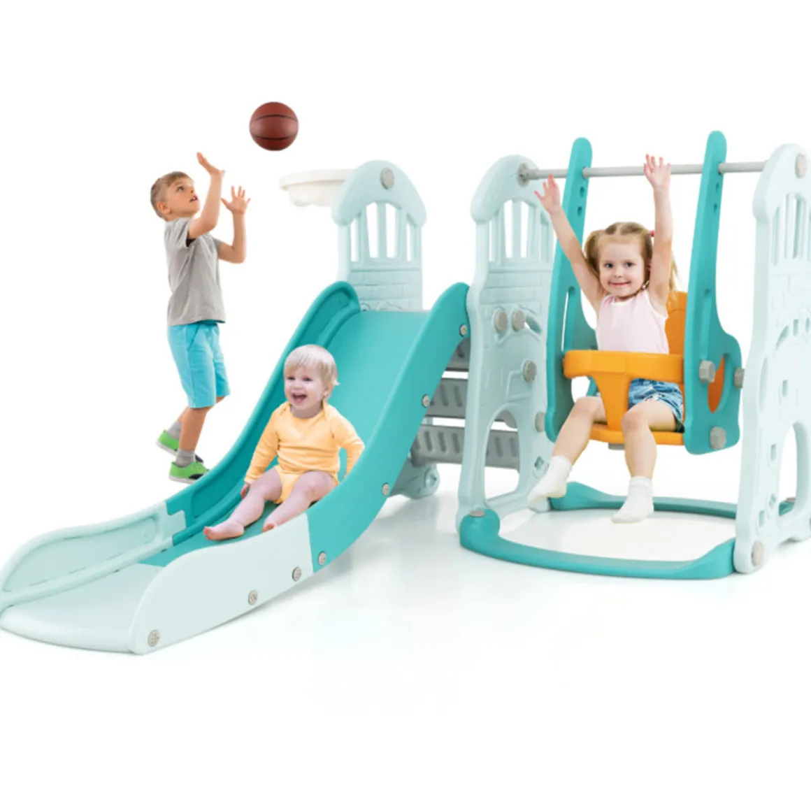 3-in-1 Toddler Slide and Swing Set with Basketball Hoop