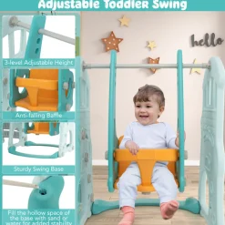 3-in-1 Toddler Slide and Swing Set with Basketball Hoop